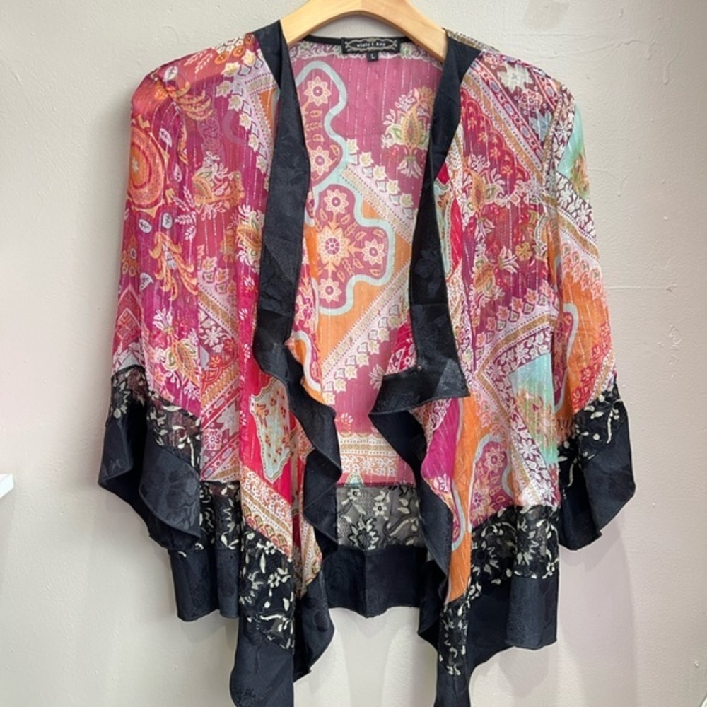 Violet Kay Silk Blend Boho Kimono Shawl Jacket Floral Paisley USA L